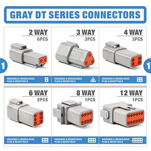 191 Piece, Deutsch DT Connector Kit with Size 16 Solid Contacts, Gray A-keyway Connector in 2, 3, 4, 6, 8, 12 Pin Configurations,