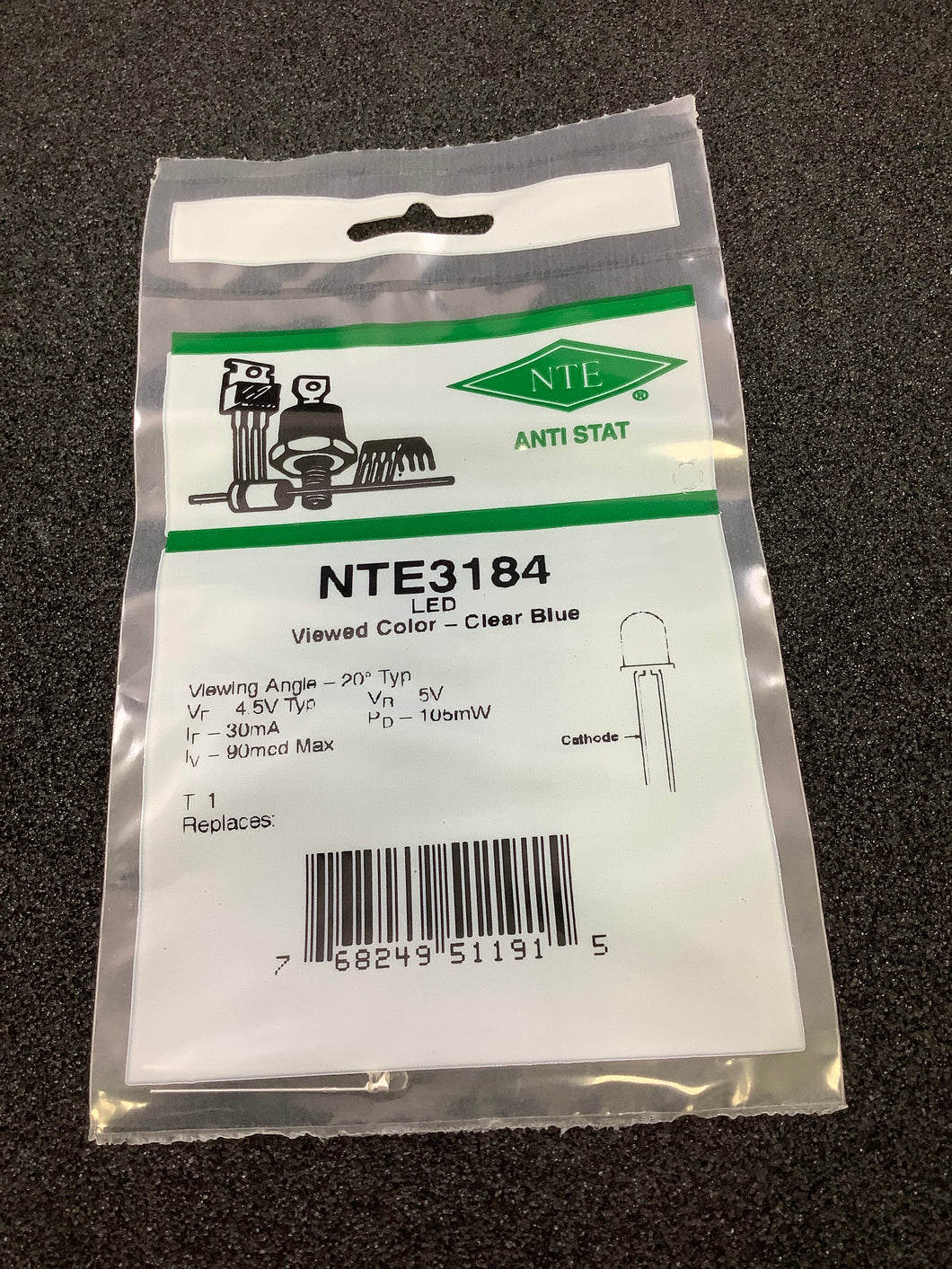 NTE3184 - NTE - LED 3mm Blue Clear Blue Lens 55 Mcd