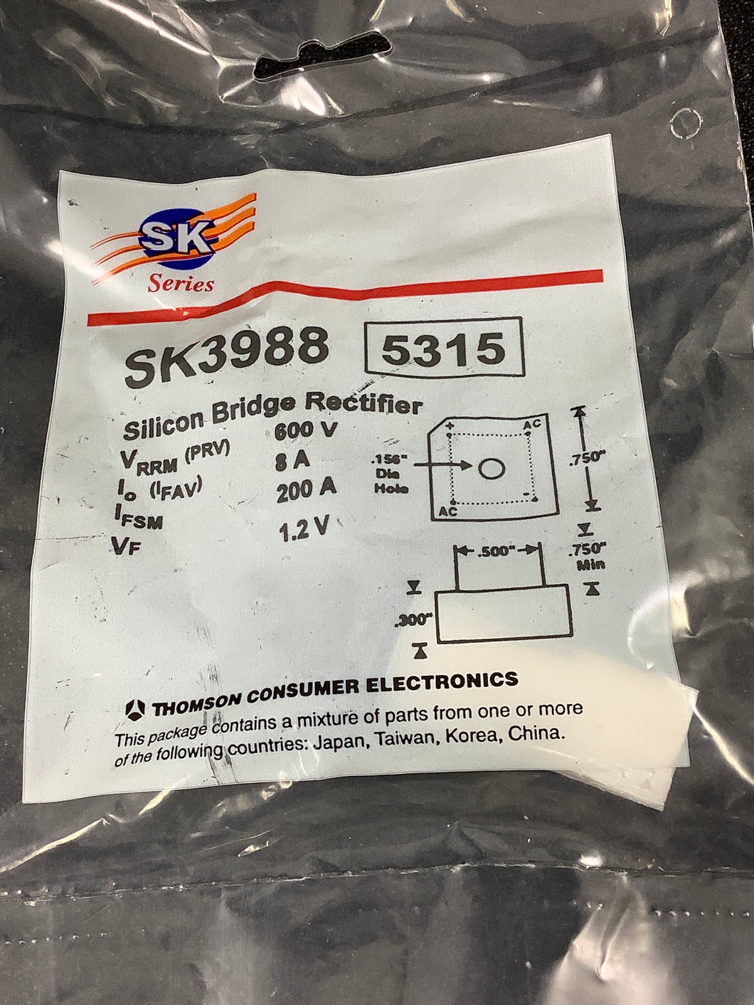 SK3988 - SK - Silicon Bridge Rectifier, 8A 600V Replaces NTE5315, ECG5315