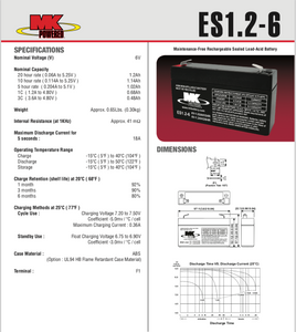 ES1.2-6 - MK BATTERY - 6V 1.2AH Sealed Lead Acid Battery Tab=.187