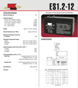 ES1.2-12 - MK BATTERY - 12V 1.2 AH  Sealed Lead Acid Battery Tab=.187