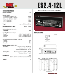 ES2.4-12L - MK BATTERY - 12V 2.4 Sealed Lead Acid Battery Tab=.187