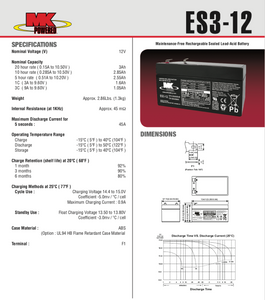ES3-12 - MK BATTERY - 12V 3AH Sealed Lead Acid Battery Tab=.187