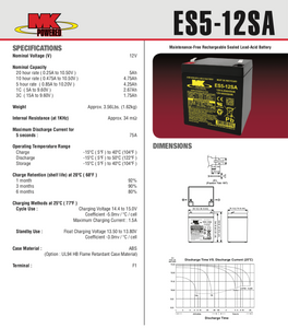 ES5-12SA - MK BATTERY - 12V 5AH  Sealed Lead Acid Battery Tab=.187