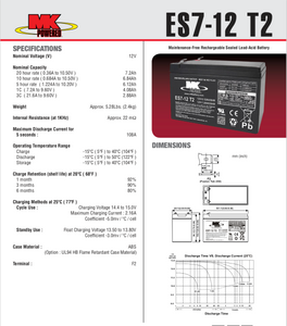 ES7-12T2 - MK BATTERY - 12V 7.2 AH  Sealed Lead Acid Battery Tab=.250