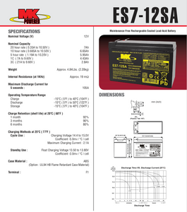 ES7-12SA - MK BATTERY - 12V 7.2 AH  Sealed Lead Acid Battery Tab=.187