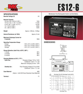 ES12-6 - MK BATTERY - 6V 12 AH Sealed Lead Acid Battery Tab=.187