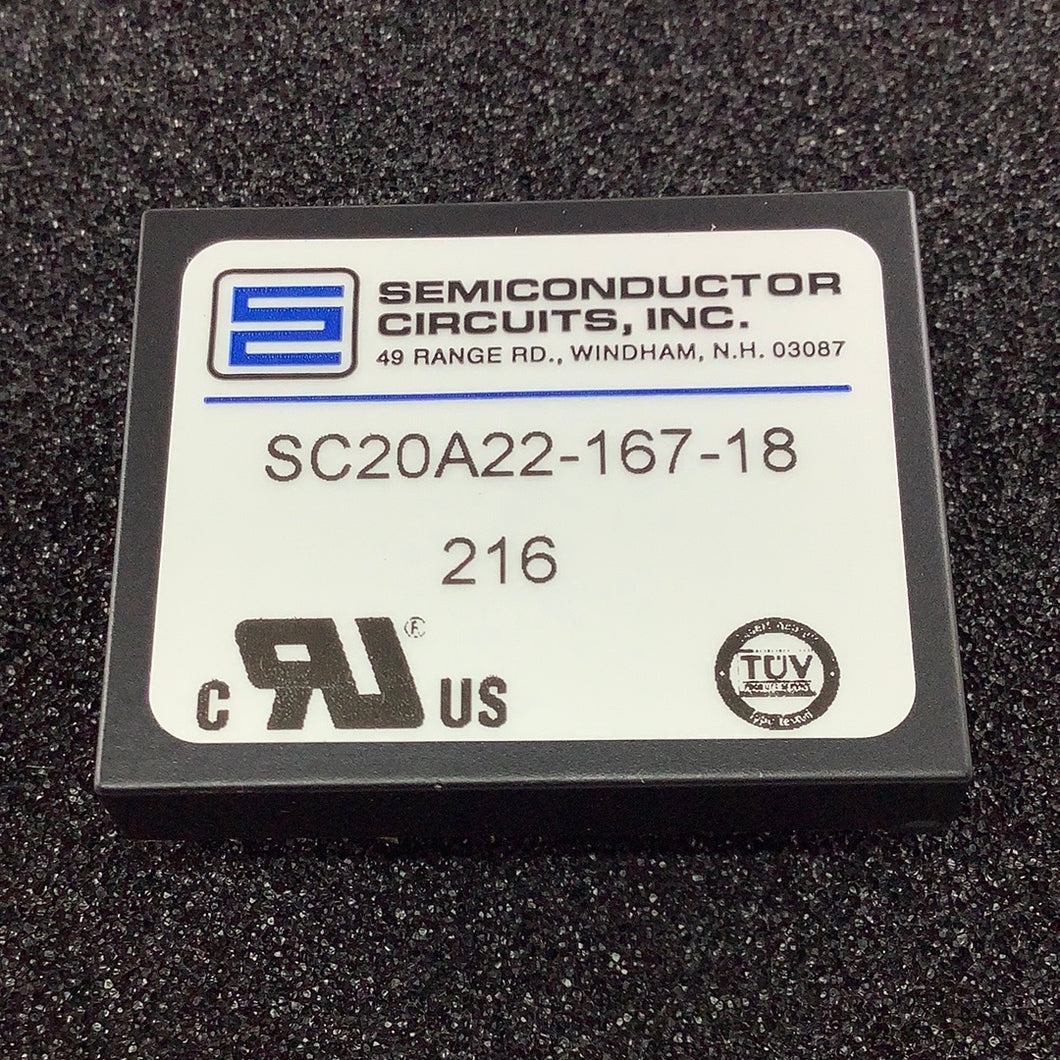 SC20A22-167-18 - SEMICONDUCTOR CIRCUITS - DC-DC CONVERTER INPUT 9-36 DC
OUTPUT +/- 12VDC 840MA