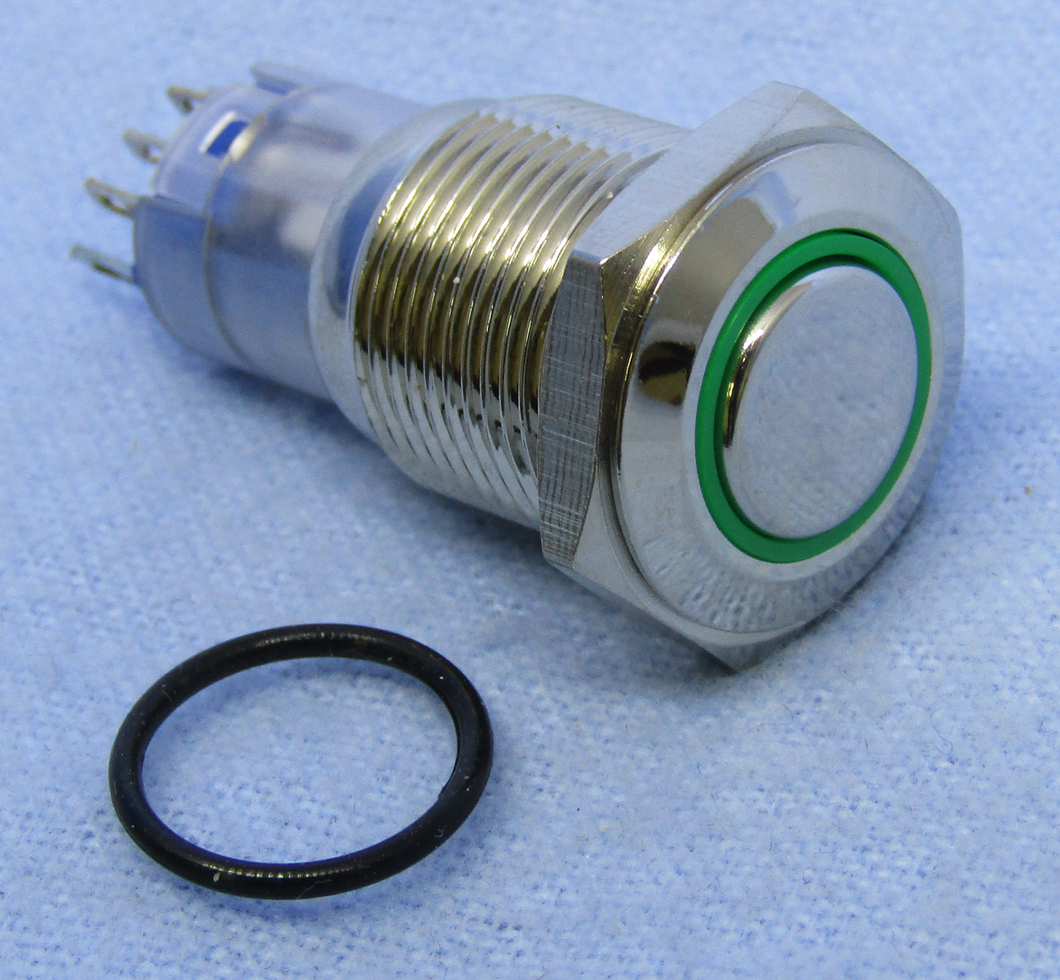 Sealed P.Button Sw. SPDT,Momentary, Green LED, 30-12648