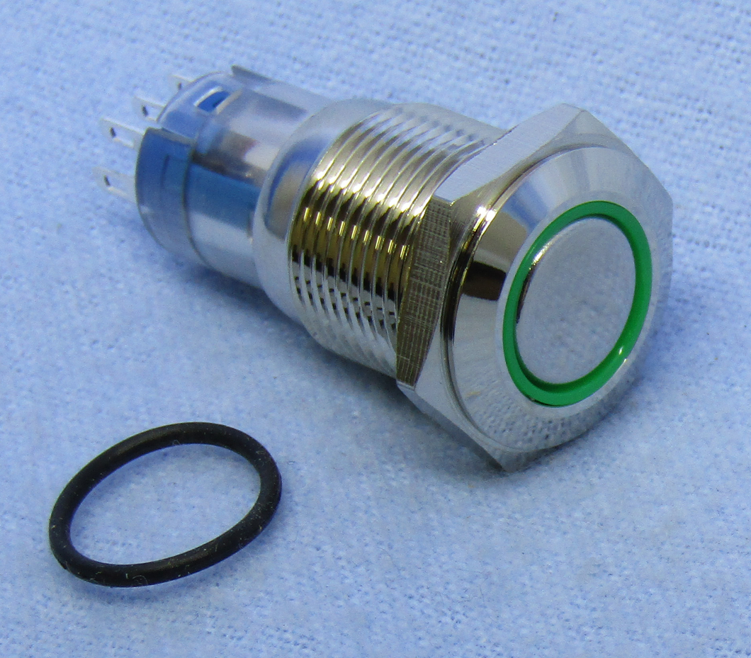 Sealed P.Button Sw. SPDT,ON-ON, Green LED, 30-12654